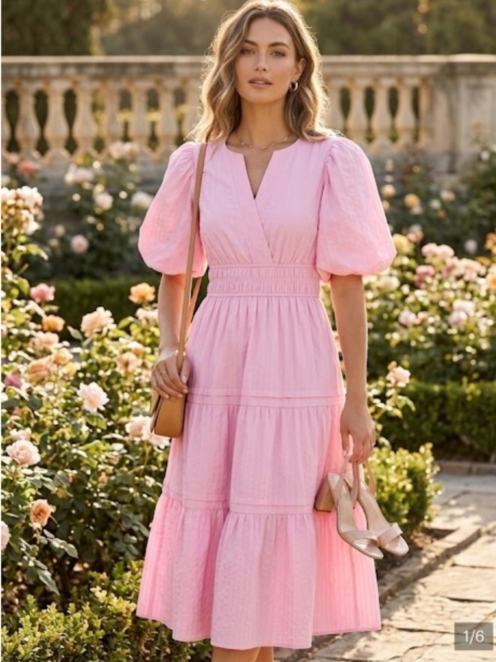 She + Sky Pink Puff-Sleeve Tiered Midi Dress